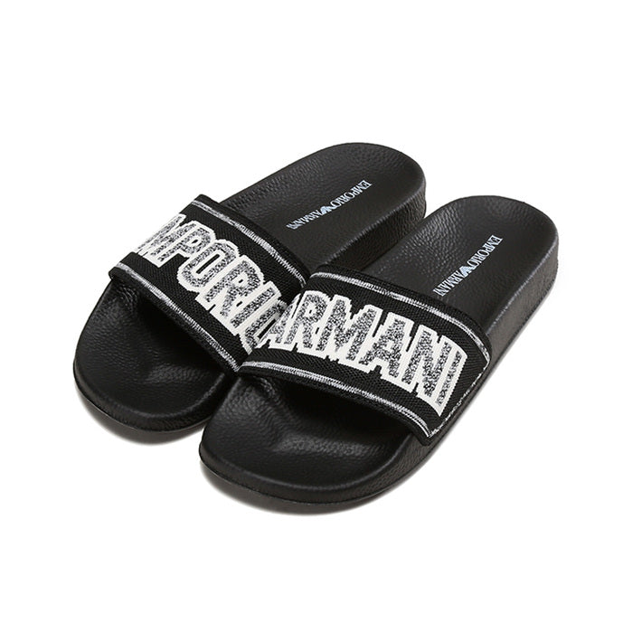 Emporio Armani fabric flat slippers sandals Black White Phases